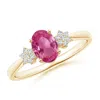 Angara Oval Pink Sapphire Solitaire Ring With Diamond Clusters In Yellow Gold/rich Pink