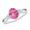 Angara Oval Pink Sapphire Split Shank Ring With Trio Diamonds In White Gold/medium Pink