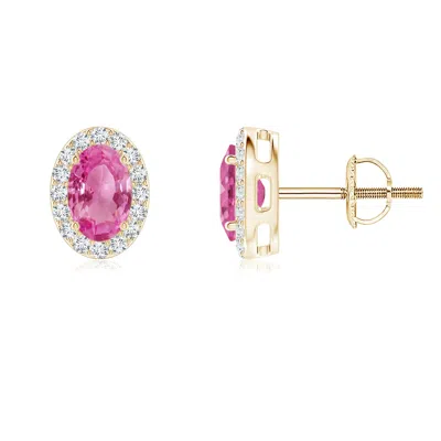 Angara Oval Pink Sapphire Studs With Diamond Halo In Gold