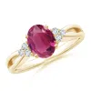 Angara Oval Pink Tourmaline Split Shank Ring With Trio Diamonds In Yellow Gold/rich Pink