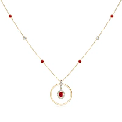 Angara Oval Ruby And Diamond Halo Geometric Necklace In Red