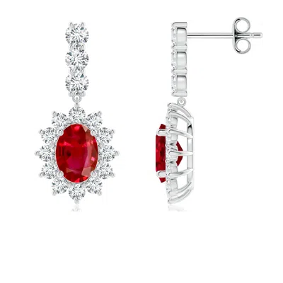Angara Oval Ruby Floral Halo Dangle Earrings In Red