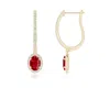 Angara Oval Ruby Halo Huggie Hoop Drop Earrings In Yellow Gold/medium Red