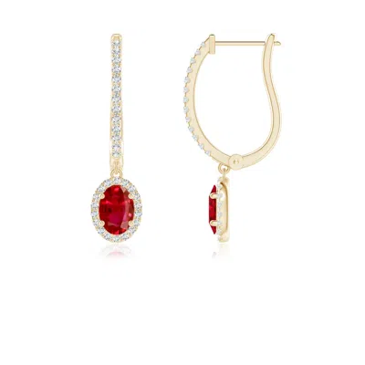 Angara Oval Ruby Halo Huggie Hoop Drop Earrings In Red