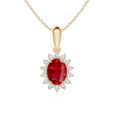 Angara Oval Ruby Pendant With Floral Diamond Halo In Gold