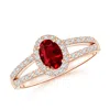 Angara Oval Ruby Split Shank Halo Engagement Ring In Rose Gold/deep Rich Red