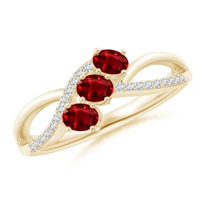 Angara Oval Ruby Three Stone Bypass Ring With Diamonds In Red