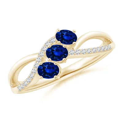Angara Oval Sapphire Three Stone Bypass Ring With Diamonds In Gold