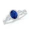Angara Oval Sapphire Twisted Vine Ring With Diamond Halo In White Gold/medium To Rich Blue