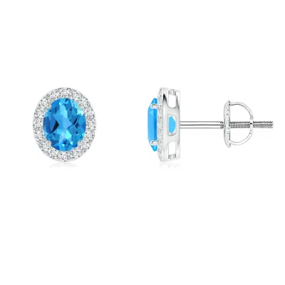 Angara Oval Swiss Blue Topaz Studs With Diamond Halo In Metallic