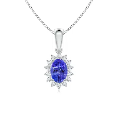 Angara Oval Tanzanite Pendant With Floral Diamond Halo In Blue