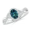 Angara Oval Teal Montana Sapphire Crossover Ring With Diamond Halo In White Gold/medium Greenish Blue