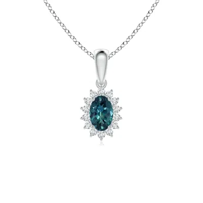 Angara Oval Teal Montana Sapphire Pendant With Floral Diamond Halo In Metallic