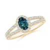 Angara Oval Teal Montana Sapphire Split Shank Halo Ring In Yellow Gold/medium Greenish Blue