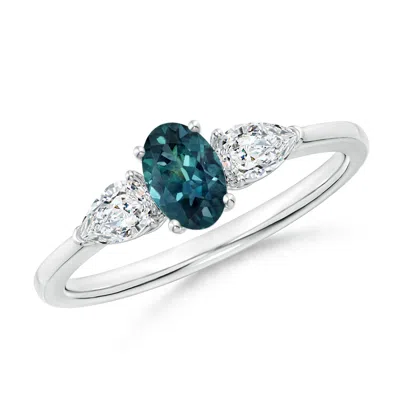 Angara Oval Teal Montana Sapphire Three Stone Ring With Pear Diamonds In Green