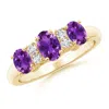 Angara Oval Three Stone Amethyst Engagement Ring With Diamonds In Yellow Gold/dark Purple