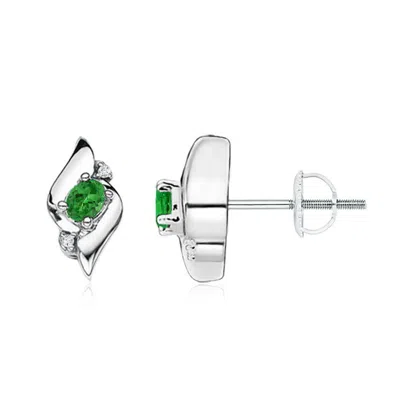 Angara Oval Tsavorite And Diamond Shell Stud Earrings In White