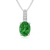 Angara Oval Tsavorite Solitaire Pendant With Diamond Bale In Platinum/bright Deep Green