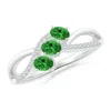 Angara Oval Tsavorite Three Stone Bypass Ring With Diamonds In White Gold/bright Medium Green