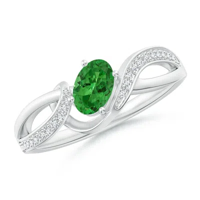 Angara Oval Tsavorite Twisted Ribbon Ring With Pave Diamonds In Metallic