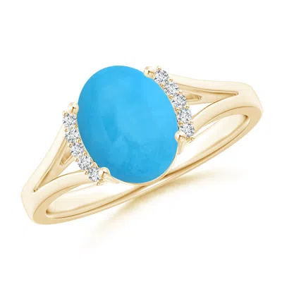 Angara Oval Turquoise Split Shank Ring With Diamond Collar In Gold