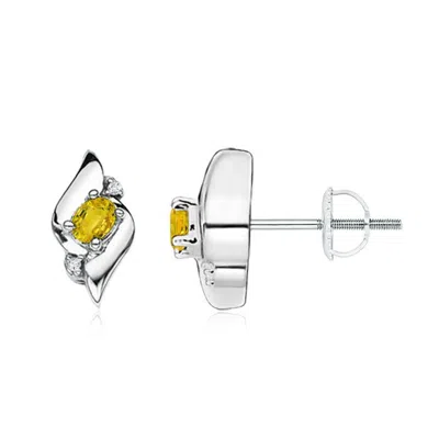 Angara Oval Yellow Sapphire And Diamond Shell Stud Earrings In White