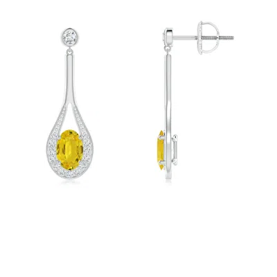 Angara Oval Yellow Sapphire Long Drop Earrings With Diamond In Metallic