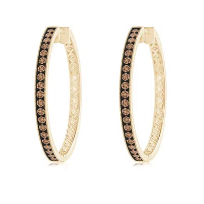 Angara Pave-set Coffee Diamond Hoop Earrings With Milgrain In Gold