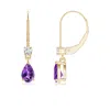 Angara Pear Amethyst Leverback Drop Earrings With Diamond In Yellow Gold/medium Dark Purple