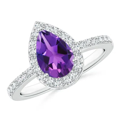 Angara Pear Amethyst Ring With Diamond Halo In Metallic