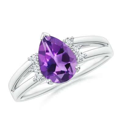 Angara Pear Amethyst Ring With Triple Diamond Accents In Metallic