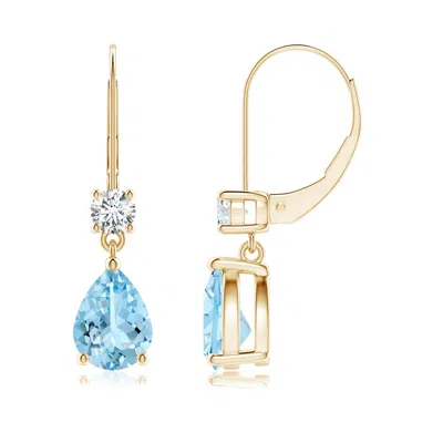 Angara Pear Aquamarine Leverback Drop Earrings With Diamond In Gold
