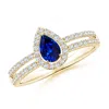 Angara Pear Blue Sapphire And Diamond Halo Split Shank Engagement Ring In Yellow Gold/deep Rich Blue