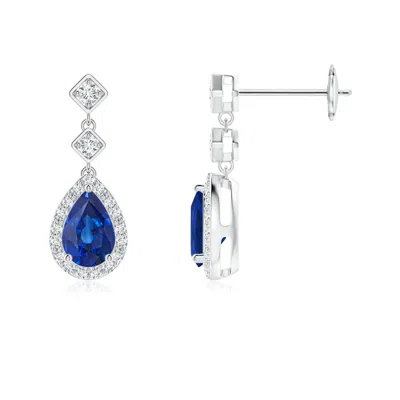 Angara Pear Blue Sapphire Drop Earrings With Diamond Halo