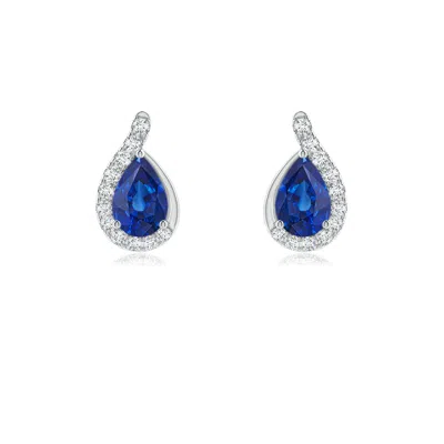 Angara Pear Blue Sapphire Earrings With Diamond Swirl Frame In Metallic