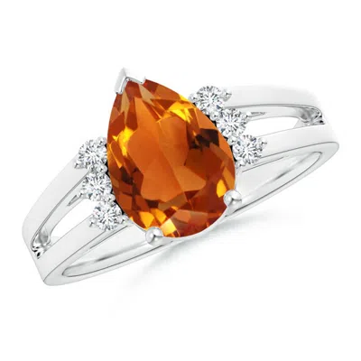 Angara Pear Citrine Ring With Triple Diamond Accents