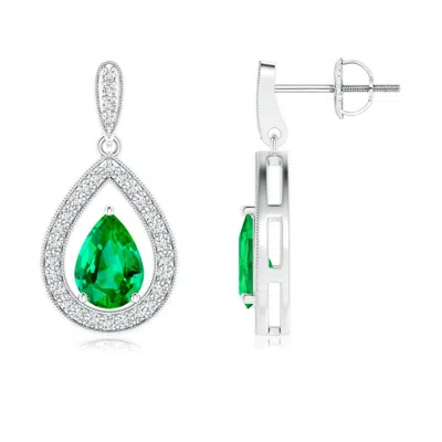 Angara Pear Emerald Drop Earrings With Diamond Halo In White