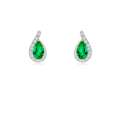 Angara Pear Emerald Earrings With Diamond Swirl Frame In Green