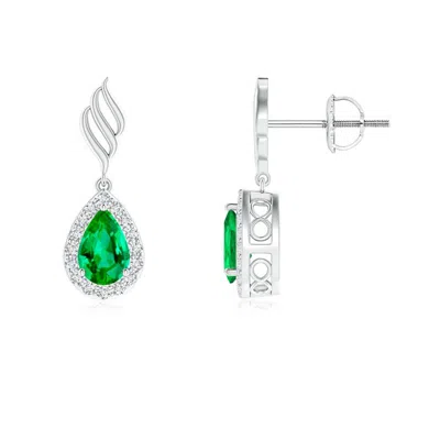 Angara Pear Emerald Halo Drop Earrings With Trio Swirls In Green