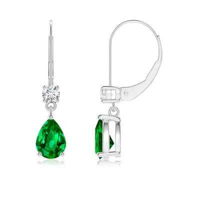 Angara Pear Emerald Leverback Drop Earrings With Diamond In Metallic