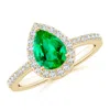 Angara Pear Emerald Ring With Diamond Halo In Yellow Gold/rich Medium Green