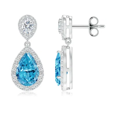 Angara Pear Fancy Intense Blue Diamond Drop Earrings With Halo