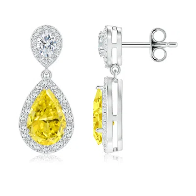 Angara Pear Fancy Intense Yellow Diamond Drop Earrings With Halo