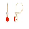 Angara Pear Fire Opal Leverback Drop Earrings With Diamond In Yellow Gold/orangish Bright Red