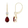 Angara Pear Garnet Leverback Drop Earrings With Diamond In Yellow Gold/rich Red
