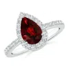 Angara Pear Garnet Ring With Diamond Halo In White Gold/medium Red