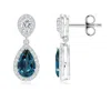 Angara Pear Lab-grown Alexandrite & Oval Diamond Drop Earrings With Halo In White Gold/bluish Green Changing To Brownish Or Pinkish Purple