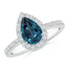 Angara Pear Lab-grown Alexandrite Ring With Diamond Halo In White Gold/bluish Green Changing To Brownish Or Pinkish Purple