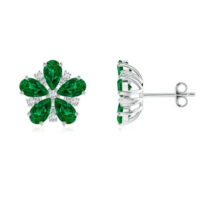 Angara Pear Lab-grown Emerald And Diamond Flower Stud Earrings In Green