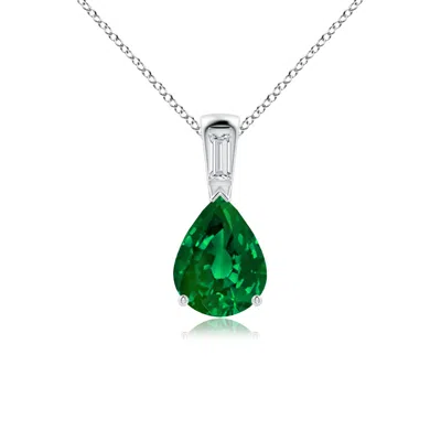 Angara Pear Lab-grown Emerald Pendant With Baguette Diamond In Green